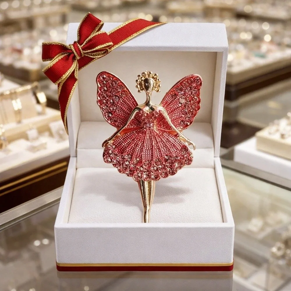 Red Crystal Fairy Ballerina Brooch Gold Tone‎ Rhinestone Dancer Pin Gift Boxed